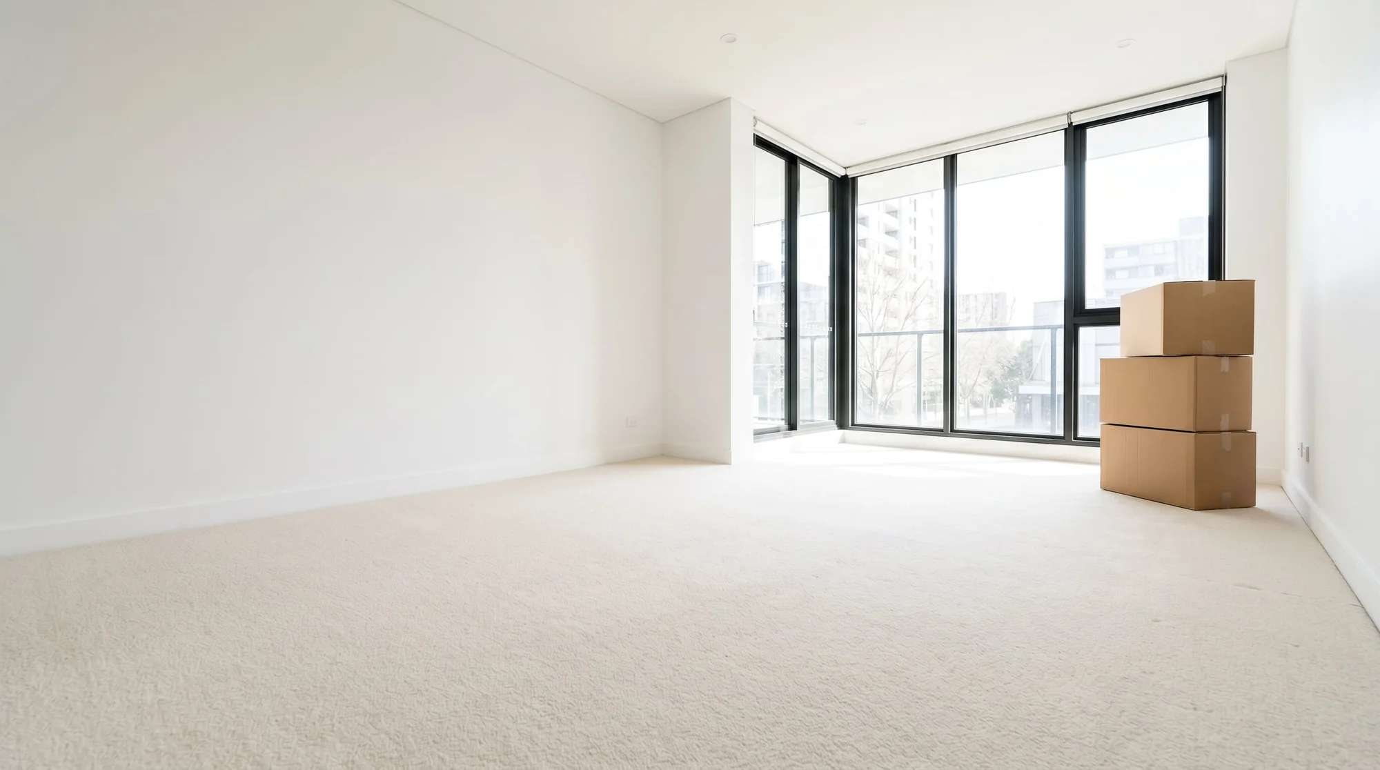 Bright, empty rental room with moving boxes and freshly cleaned carpet ready for inspection in Perth