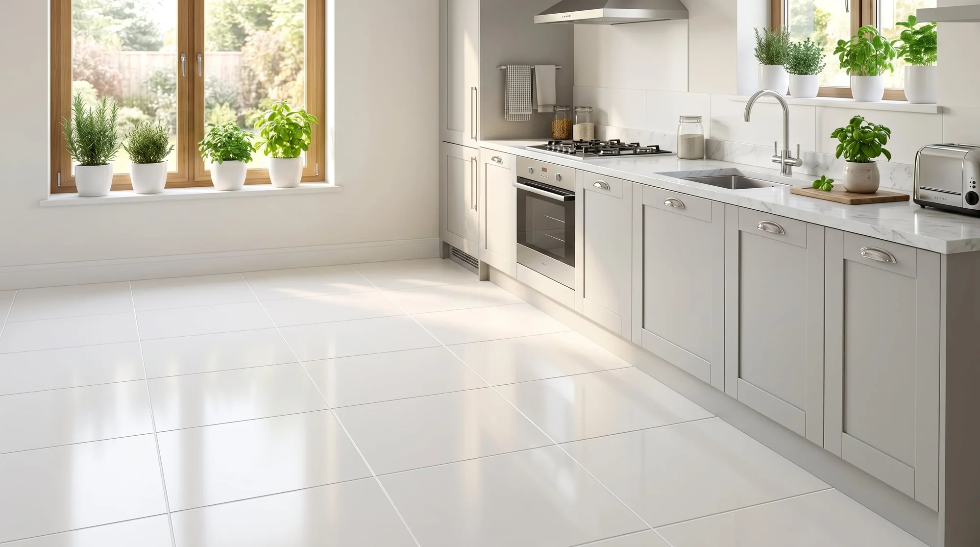 Bright, freshly cleaned tiled kitchen floor with crisp white grout lines in a Perth home